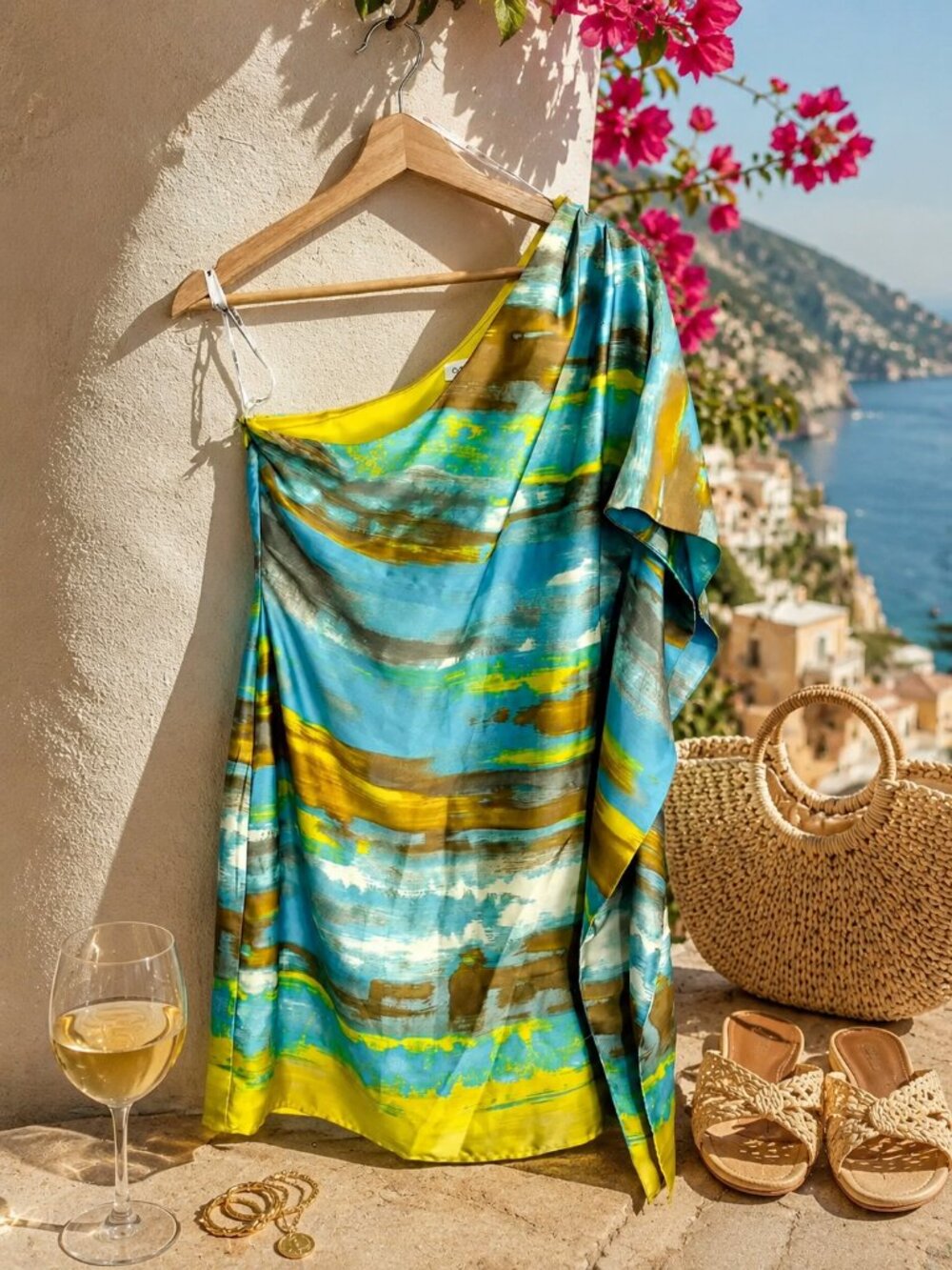 Calvin Klein Abstract One Shoulder Mini Dress Y2K Coastal Blue